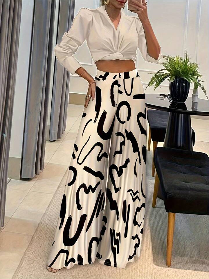 Elegant Geometric Print Loose Fit Wide Leg Pants, Fashion Long Trousers | SHEIN