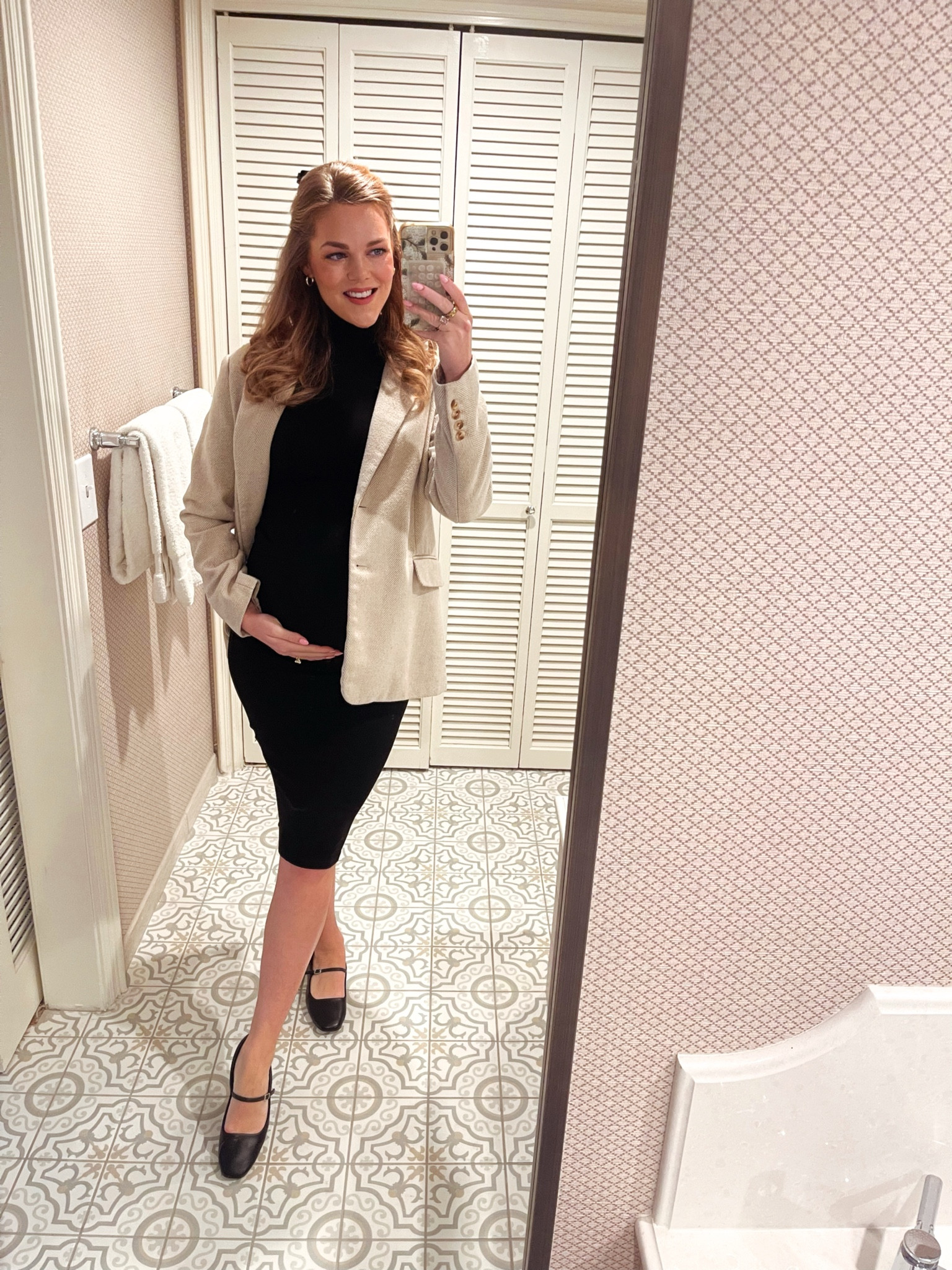 Work outfit. Maternity style. Bump fit. Oversized cream houndstooth blazer. Black maternity turtleneck dress. Black Mary Jane’s. Black velvet hair bow  

#LTKStyleTip #LTKWorkwear #LTKBump