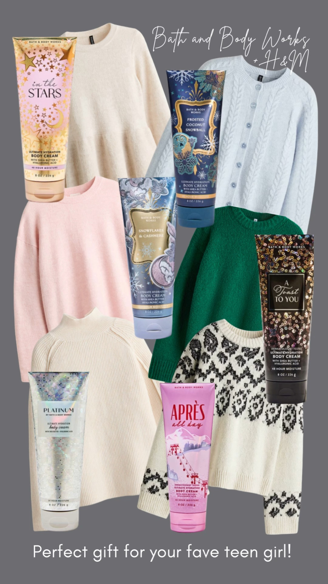 💖✨ TODAY ONLY! ✨💖 The perfect gift for your fave teen girl is on SALE! 🎁

Get ready to stock up! All of these gorgeous Bath & Body Works Ultimate Hydration Body Creams are part of the $4.95 each sale happening TODAY ONLY! ($18.50 value!)

I paired each one with a cozy, chic H&M sweater that is also majorly on sale right now. It's the ultimate cozy + sweet gift combo! 🎀 Swipe to see the pairings and links!

Featured Scents & Sweaters:
• 💫 In The Stars + Cream Knit Sweater
• ❄️ Frosted Coconut Snowball + Light Blue Cardigan
• 💜 Snowflakes & Cashmere + Pink Sweater
• 🥂 A Toast To You + Deep Green Crewneck
• 💎 Platinum + Cream Turtleneck
• ⛷️ Après All Day + Fair Isle Pattern Sweater
Head to the link in bio to grab these $4.95 creams and snag the coordinating H&M sale sweaters before they're gone! 🛍️

#BathAndBodyWorksSale #HMStyle #TeenGirlGift #StockingStuffers #12daysofltk

#LTKKids #LTKGiftGuide #LTKSaleAlert