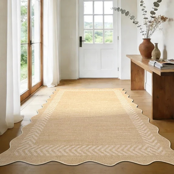 HIWEAVER Beige/Yellow 9' x 12' Scalloped-edge Easy Jute Area Rug for Living Room Modern Bordered ... | Walmart (US)