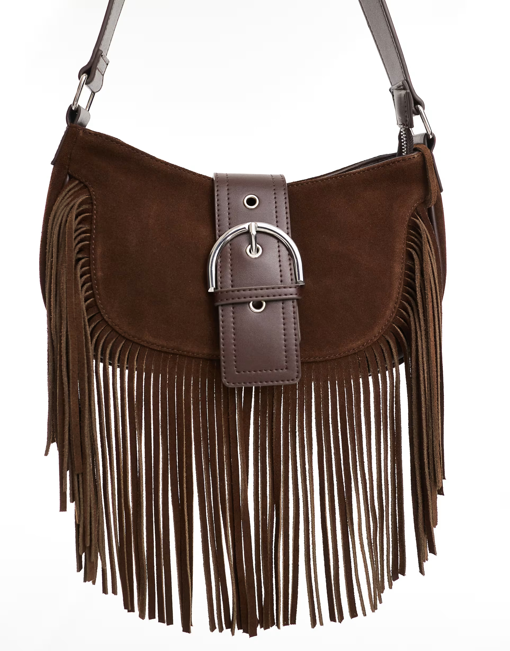 ASOS DESIGN suede tassel shoulder bag with buckle detail in chocolate | ASOS (Global)