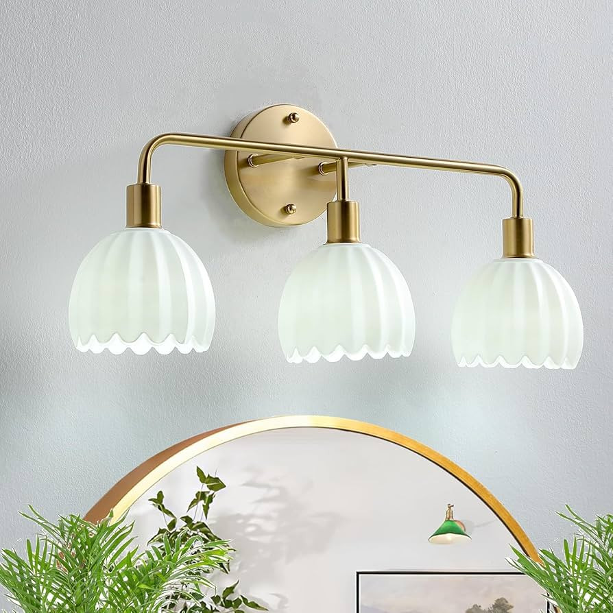 Brushed Gold 3-Light Vanlity Light Over Mirror,Wall Sconces,Gold Brass Bathroom Light Fixture wit... | Amazon (US)