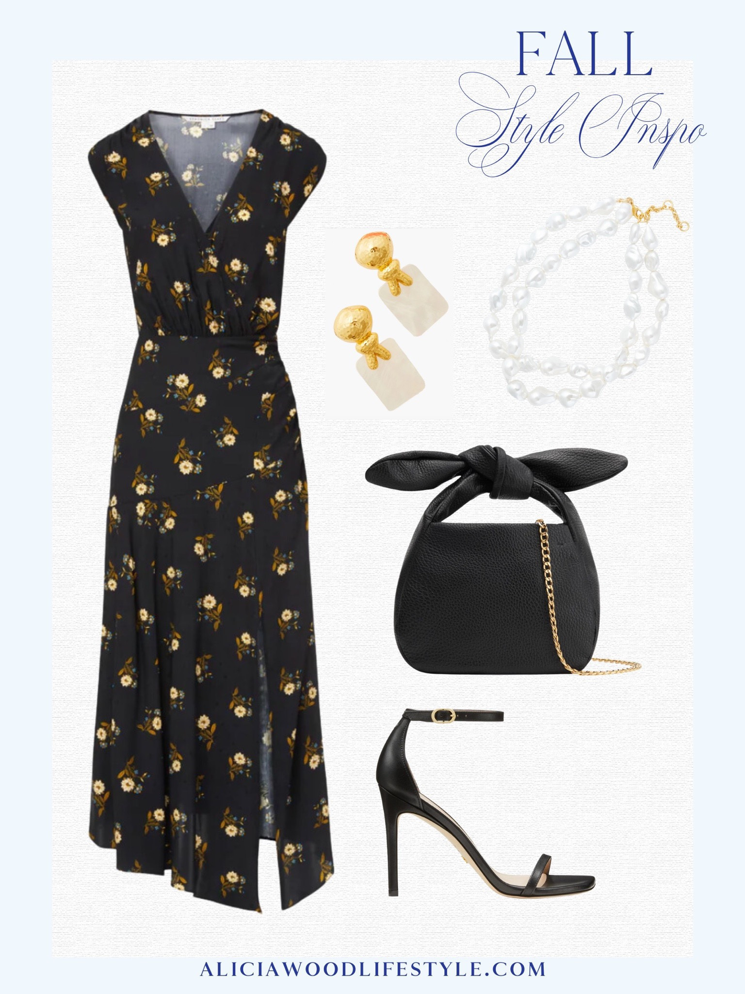 Heads will turn when you wear this pretty midi dress in a stunning black floral print for date night 

Black floral midi dress
Black bow crossbody with gold chain strap
Black Stuart Weitzman strappy sandals
Gold Pearl earrings 
Layered Pearl necklace

#LTKwedding #LTKstyletip #LTKSeasonal
