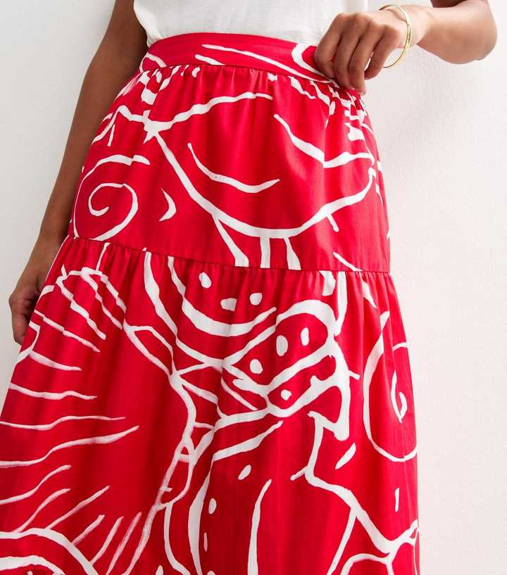 Red Shell Print Poplin Tiered Midi Skirt | New Look | New Look (UK)
