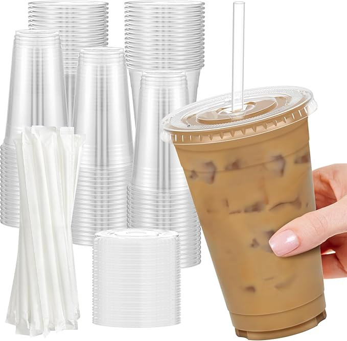 100 Pack - 24 oz Clear Plastic Cups with Lids and Straws, Sturdy & Food Safe Iced Coffee Cups wit... | Amazon (US)