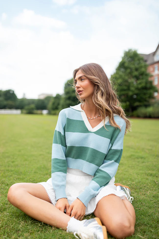 Hibiscus Blue and Green Striped Collared V-Neck Sweater | Pink Lily