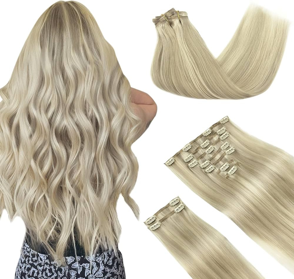 Hair Extensions Clip in Human Hair, Ombre Ash Blonde Highlighted Platinum Blonde 150g 9pcs 20 Inc... | Amazon (US)