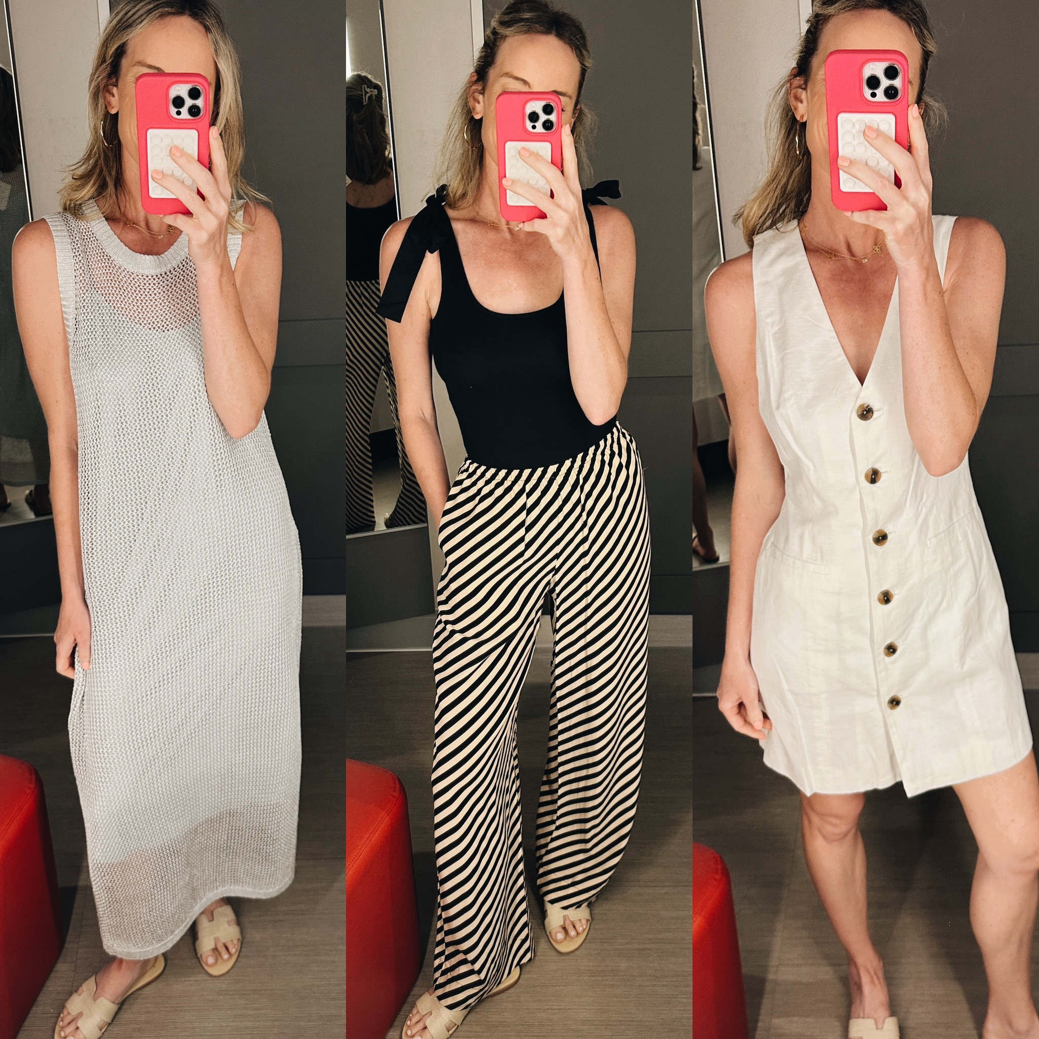 Really cute target finds! 
Crochet dress - size up 1-2! I am in a large here - I love the looser fit and the longer length than what the model looks like on the website. Trust me! 
Black top + pants - I found the top in store since it’s sold out online for me. It’s adorable. Pants are a great silky material and giving toteme vibes for $30. Loved! Size small. 
White Linen dress - really well made and a cute fit. Size small! @target @targetstyle #targetpartner #targetstyle #target #ad