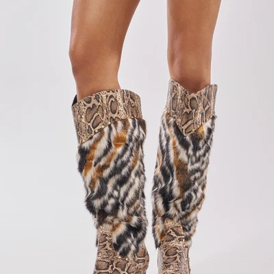 AKIRA Azalea Wang Alisette Snake Multi Fur Stiletto Boot | Black | Size 11 | AKIRA