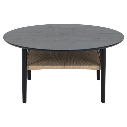 Hunter Mid Century Black Oak Wood Natural Woven Cord 2 Tier Round Coffee Table | Kathy Kuo Home
