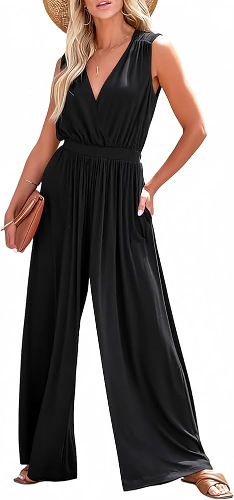 Dokotoo Sleeveless Jumpsuit Wrapped V Neck Elegant for Womens Dressy Casual 2025 One Piece Romper... | Amazon (US)