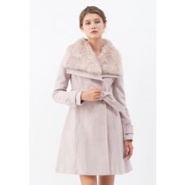 Faux Fur Wide Lapel Wool-Blend Coat in Pink | Chicwish