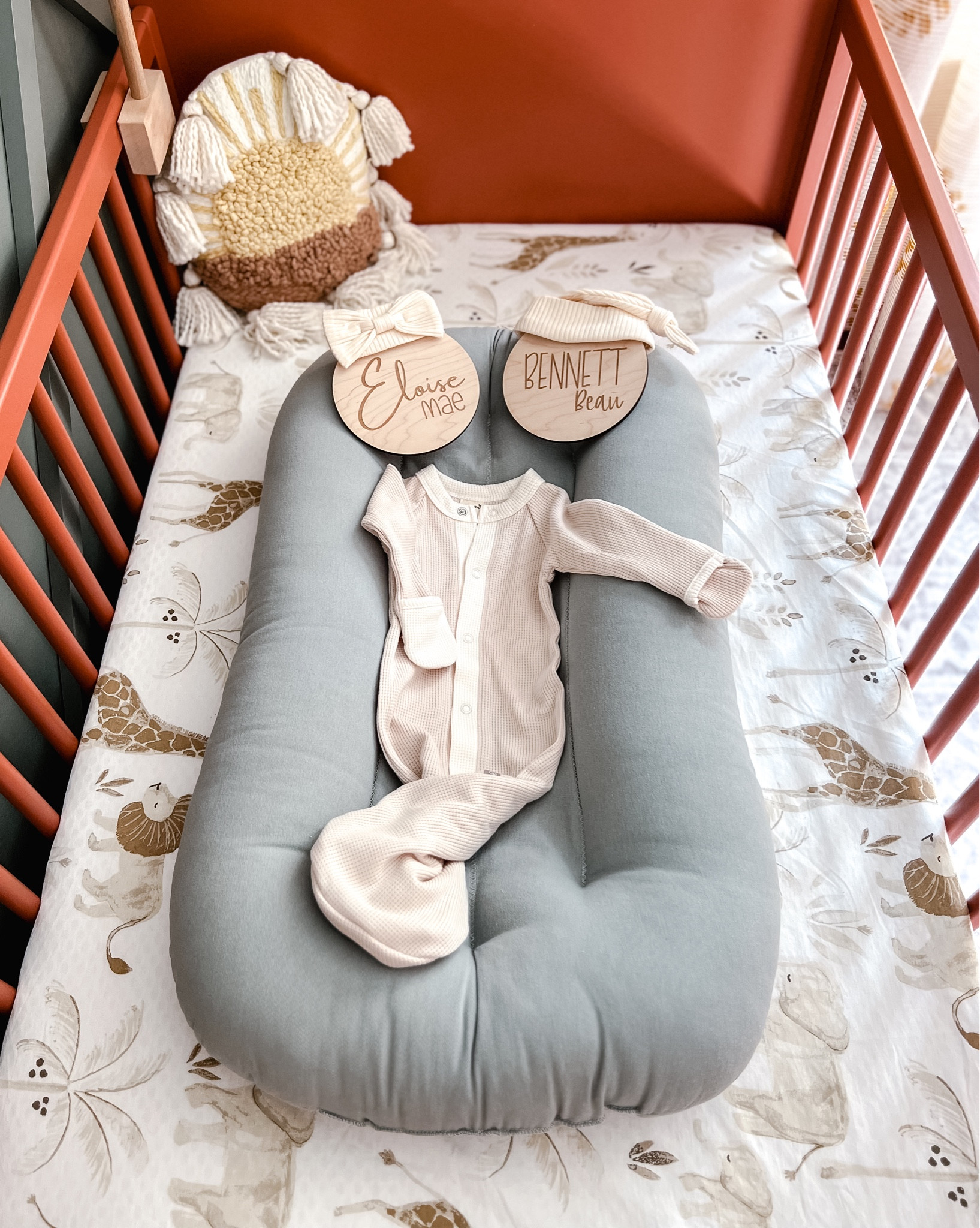 Baby name announcements 
@thepolymathmomshop created these gorgeous baby name signs. Please find her on Instagram. 
Crane baby bedding and pillow. 
Snuggle me lounger 
Goumi kids clothing 
Delta crib 

#LTKfamily #LTKbaby #LTKbump