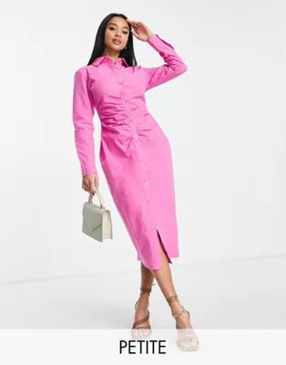 Missguided Petite poplin midaxi shirt dress with ruched detail in hot pink | ASOS | ASOS (Global)
