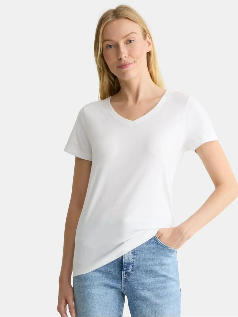 Time and Tru Women's Cotton V-Neck Tee with Short Sleeves, Sizes XS-XXXL | Walmart (US)