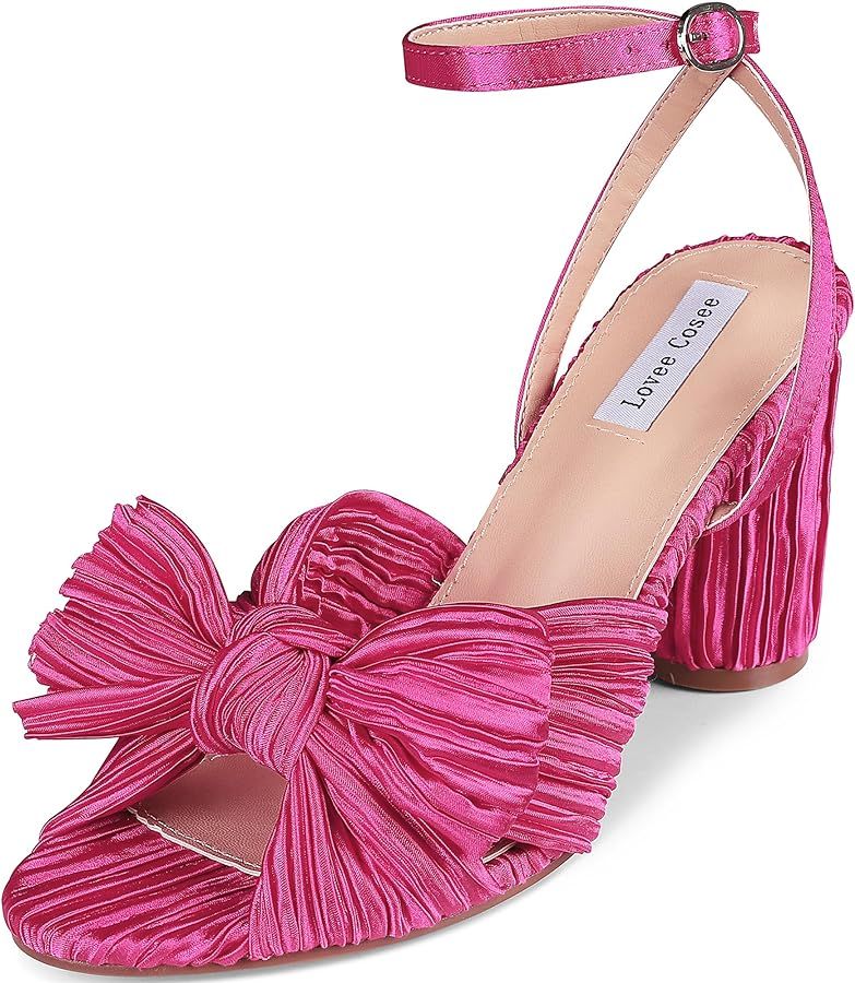 Women's Bow Knot Heeled Sandals Pleated Open Toe Ankle Strap Chunky Heels for Bride Wedding | Amazon (US)