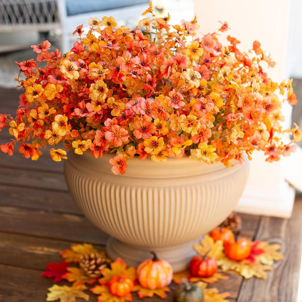 Artificial Fake Plants Flowers for Outdoor Fall Autumn Decoration, 12 Bundles Faux Silk Orange Ye... | Amazon (US)
