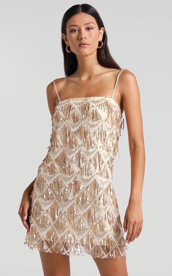 Shook Mini Dress - Strapless Fringe Dress in Champagne Sequin | Showpo (US, UK & Europe)