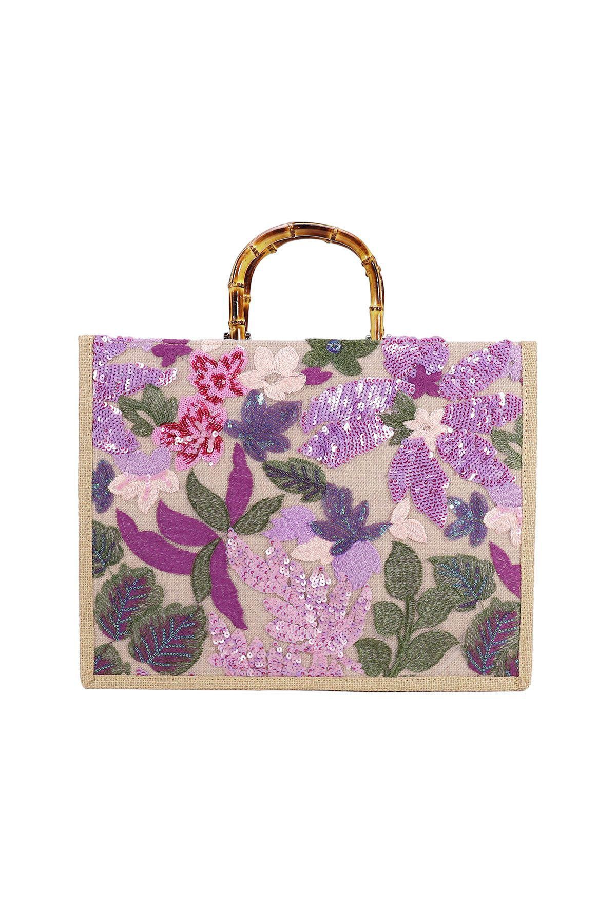 Sequin Floral Embroidered Bamboo Handle Tote Bag in Violet | Chicwish
