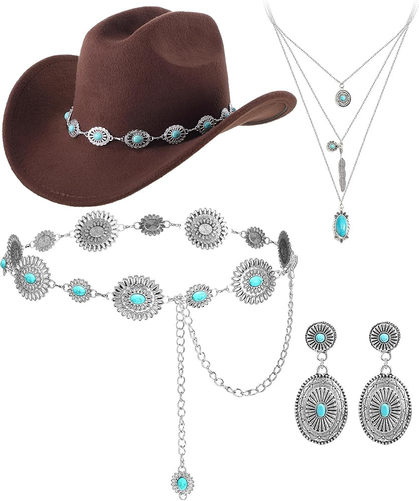 Geyoga 4 Pcs Boho Jewelry Set Western Cowboy Hat Vintage Turquoise Belt Necklace Earrings for Wom... | Amazon (US)