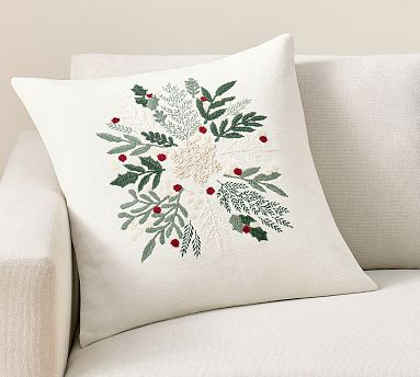 Chenille Holly Embroidered Pillow | Pottery Barn (US)