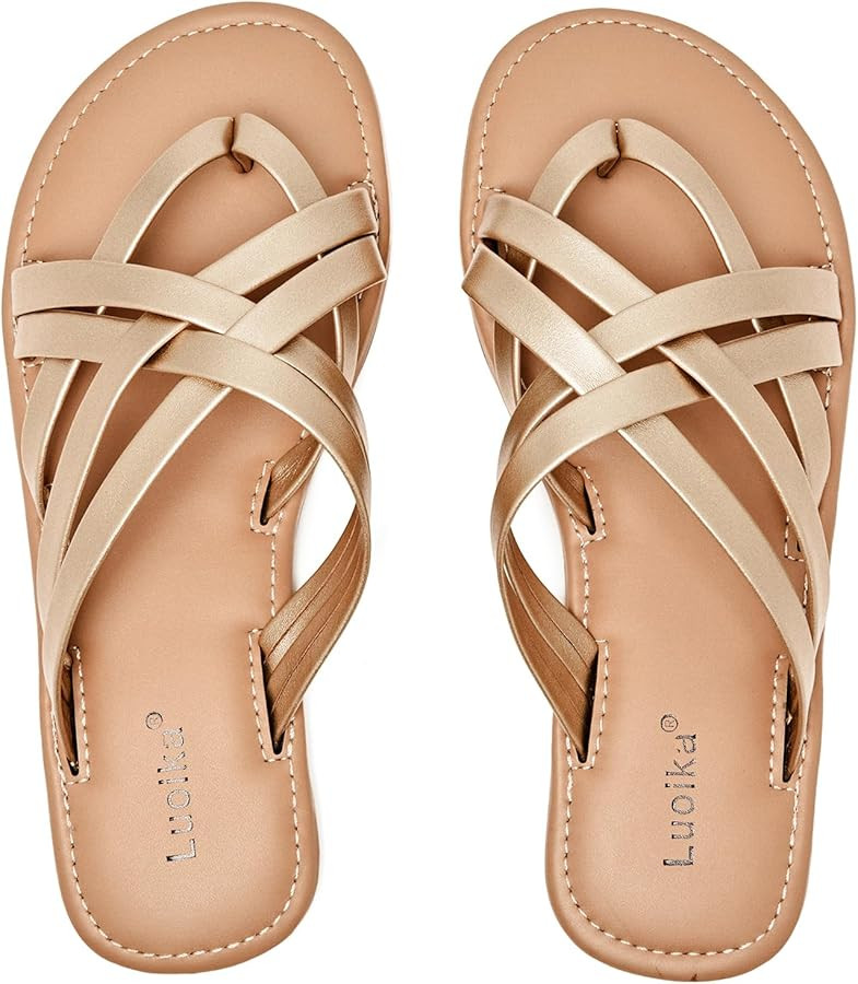 Luoika Women's Wide Width Flat Sandals, Flip Flop Slides Sandal Casual Strapy Sandal Slip on Summ... | Amazon (US)