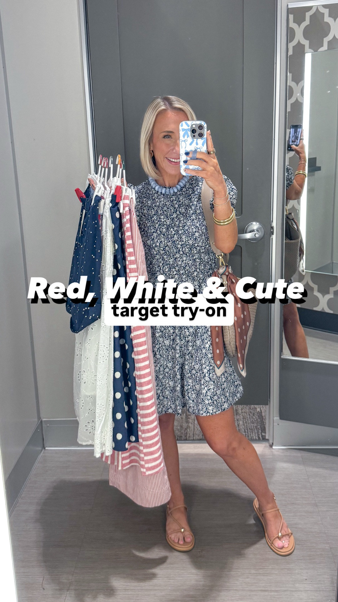 Red, White, and Cute - target try-on
* Puff Short Sleeve Smocked Mini Sundress - size XS. 2 colors.
1. Navy Polka Dot Linen Trouser Shorts - size small. 2 colors.
2. Ribbed T-Shirt - size XS. 9 colors.
3. Striped Luxe Linen Trousers - size 2 (needed a 0). 2 colors.
4. Cropped Painter Denim Jacket - size XS.
5. Square Neck Tank Top - size XS. (not fitted). 7 colors.
6. Polka Dot Tiered Midi Skirt - size XS. 3 colors.
7. Button-Front Tank Top - size Small (needed an XS).
8. Tiered Eyelet Midi Skirt - size XS. 3 colors. (Same tank - would have preferred a more fitted tank).
9. Floral Printed Skinny Scarf - One Size.
10. Crewneck American Flag Graphic Pullover Sweatshirt - size Medium.
* I can’t find the Blue Shorts…
11. Maxi A-Line Skirt - size XS. 2 colors.
12. 1Short Sleeve Perfect T-Shirt - size XS. 4 colors.
13. High-Rise Linen Paper Bag Shorts - size XS (though I probably would prefer a Small). Tank is the same as above.
