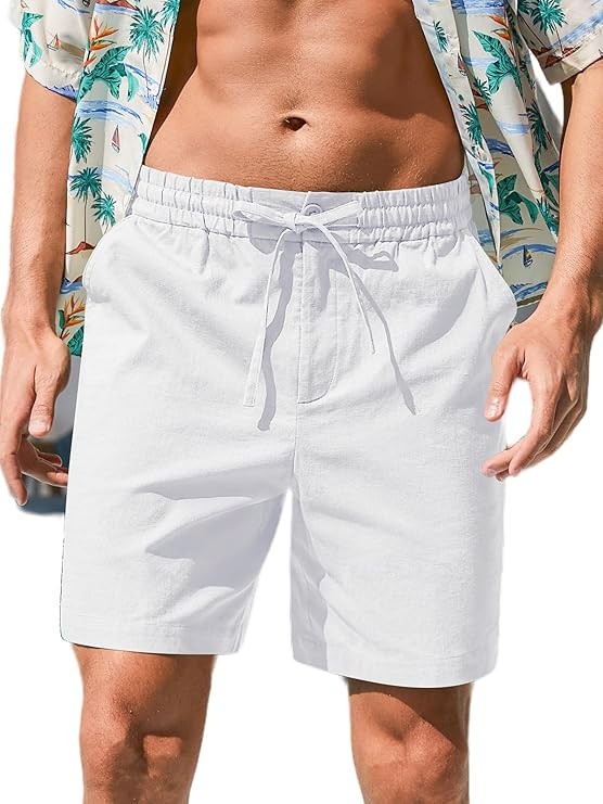 RQP Mens Cotton Linen Shorts Casual Drawstring 7inch Inseam Shorts Stretch Summer Beach Wear | Amazon (US)