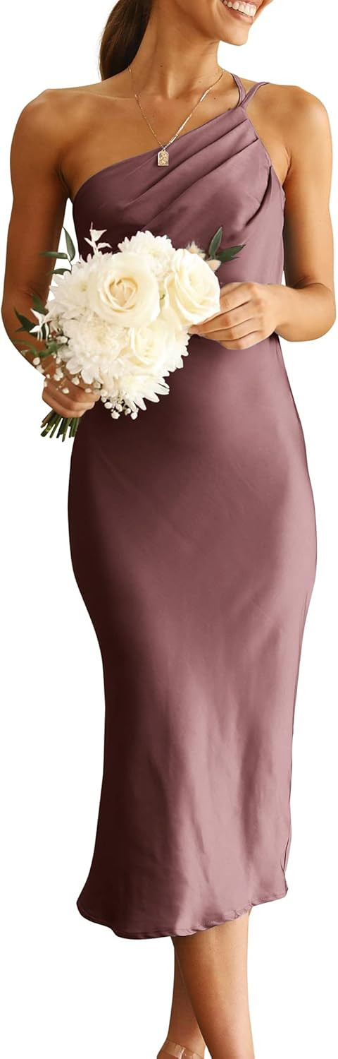 PRETTYGARDEN Women's Midi Satin Dress One Shoulder Spaghetti Strap Backless Ruched Summer Bodycon... | Amazon (US)
