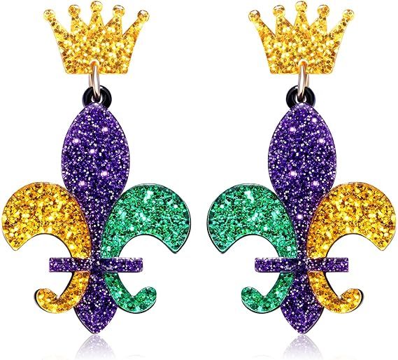 Boderier Mardi Gras Earrings for Women Handmade Fleur De Lis Beaded Drop Dangling Earring Colorfu... | Amazon (US)