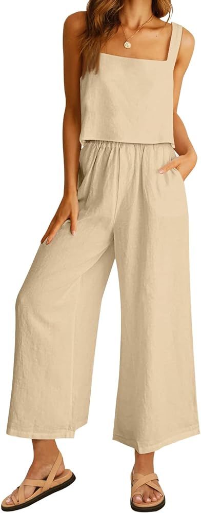 AUTOMET Women 2 Piece Outfits Lounge Matching Sets Linen Crop Top Wide Leg Pants Tracksuits with ... | Amazon (US)