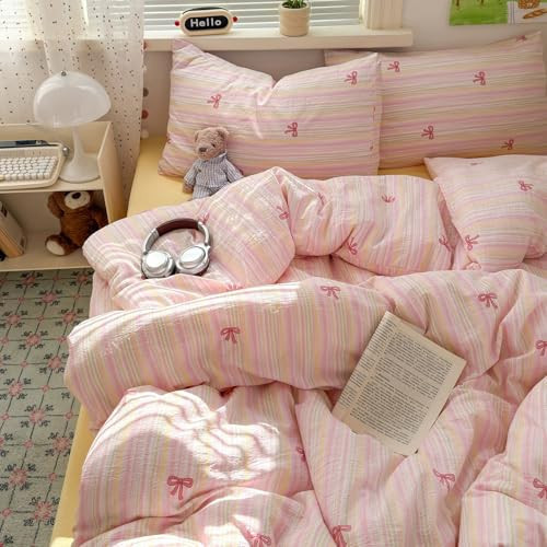 Sedefen Striped Duvet Cover Full Size Pink Stripe Bedding Set Kids Boys Girls Cute Bow Stripes Coquette Reversible Soft Breathable Duvet Cover Set 3 Pieces with 2 Pillowcases | Amazon (US)
