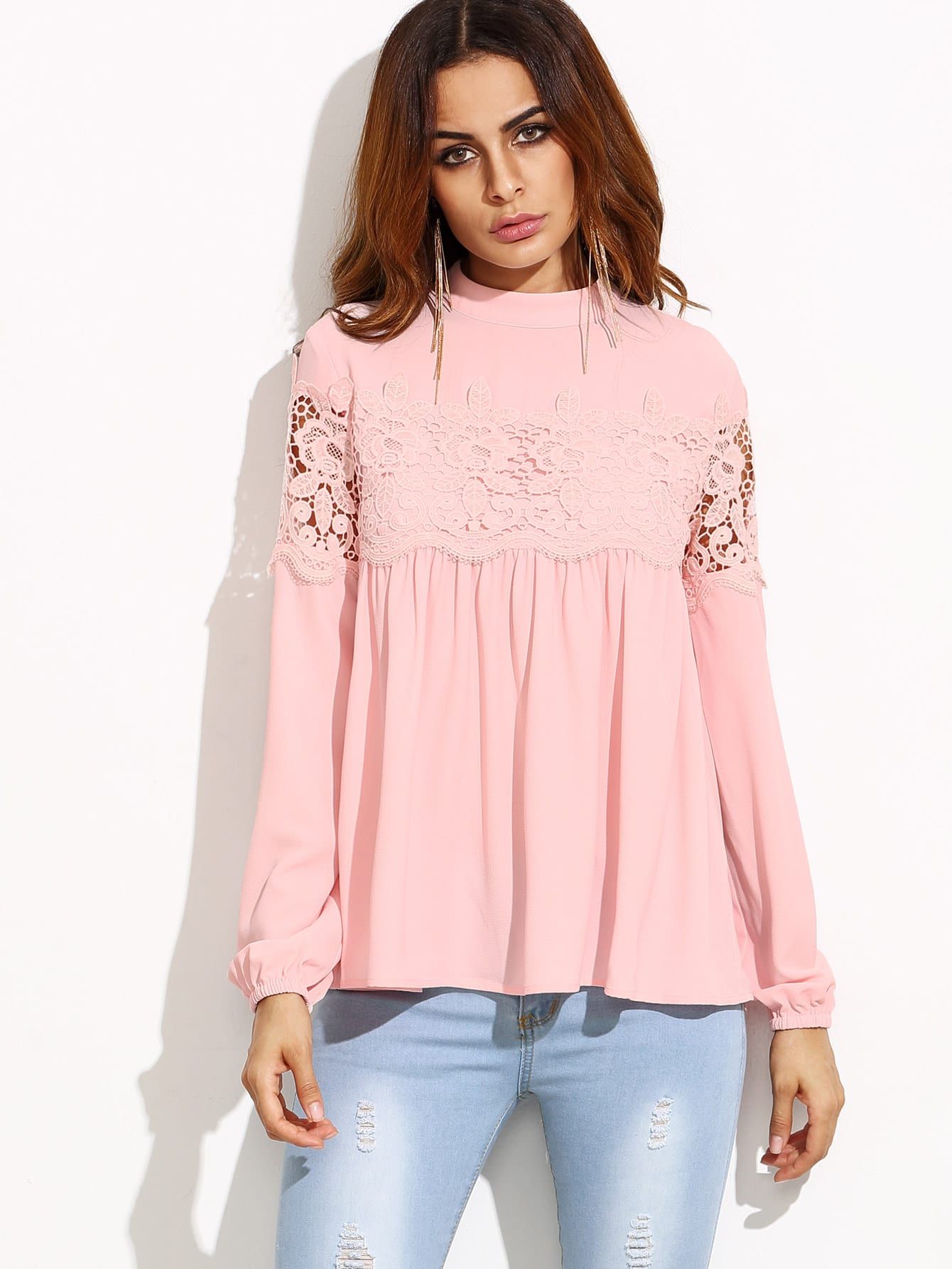 Pink Mock Neck Lace Applique Babydoll Top | SHEIN