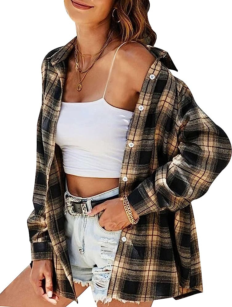 HangNiFang Womens Flannel Plaid Shirts Oversized Button Down Shirts Blouse Tops | Amazon (US)