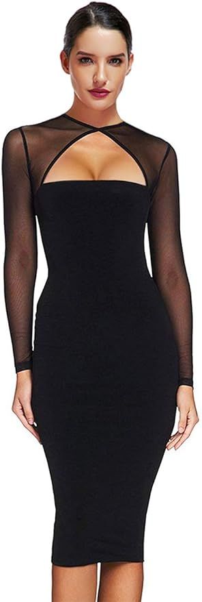 Maketina Women Midi Length Cut Out Keyhole Party Bodycon Bandage Dress with Transparent Long Slee... | Amazon (US)