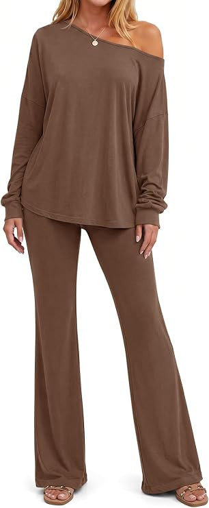 Fisoew Womens 2 Piece Lounge Sets Off Shoulder Long Sleeve Top Flared Pants | Amazon (US)