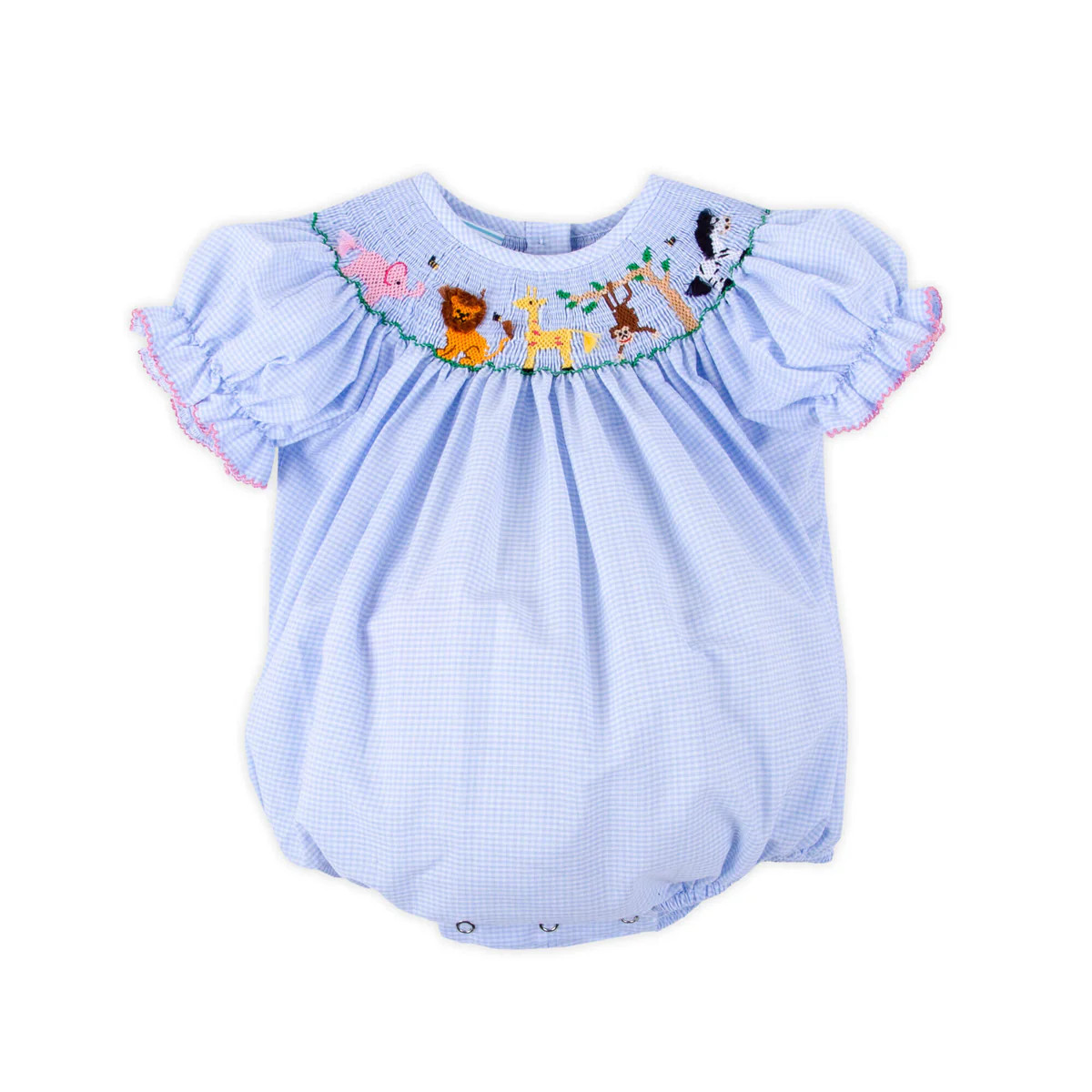 Animal Friends Blue Gingham Smocked Bubble | Classic Whimsy