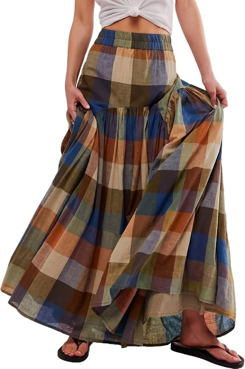 TinyCribz Women's Ruched Plaid Maxi Skirt – Casual High Waist A-Line | Bohemian Multicolour Pla... | Amazon (US)