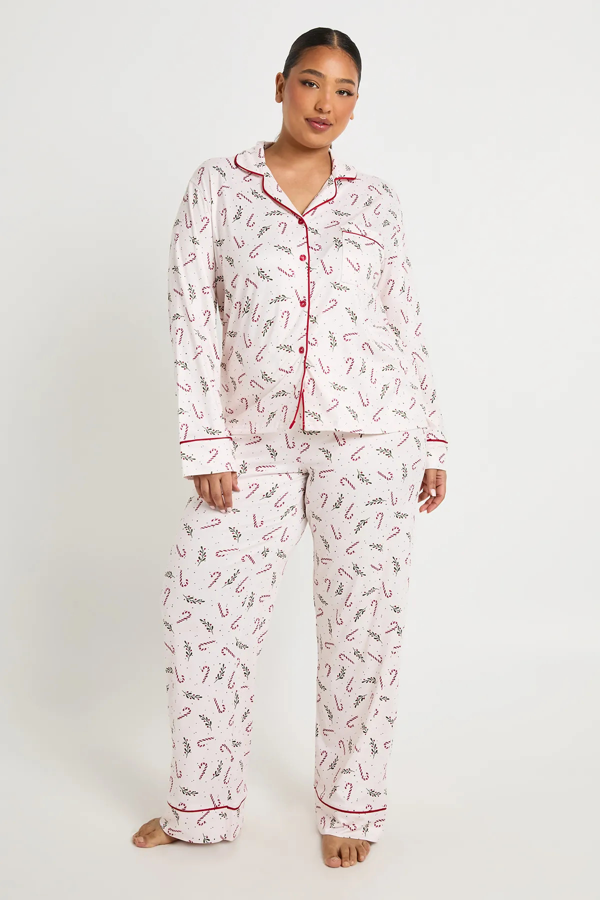Plus Christmas Candy Cane Print  Long Sleeve Shirt & Trouser 3 Piece Pyjama Set | Boohoo.com (UK & IE)