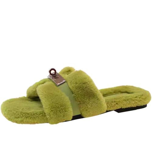 Axellion Womens Fuzzy Slides Open Toe Fluffy House Slippers Indoor Outdoor Furry Slide Sandals-Green 8.5M US | Amazon (US)
