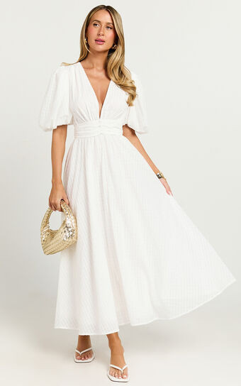 Xandy Midi Dress - Textured Puff Sleeve Plunge Dress in White | Showpo (ANZ)