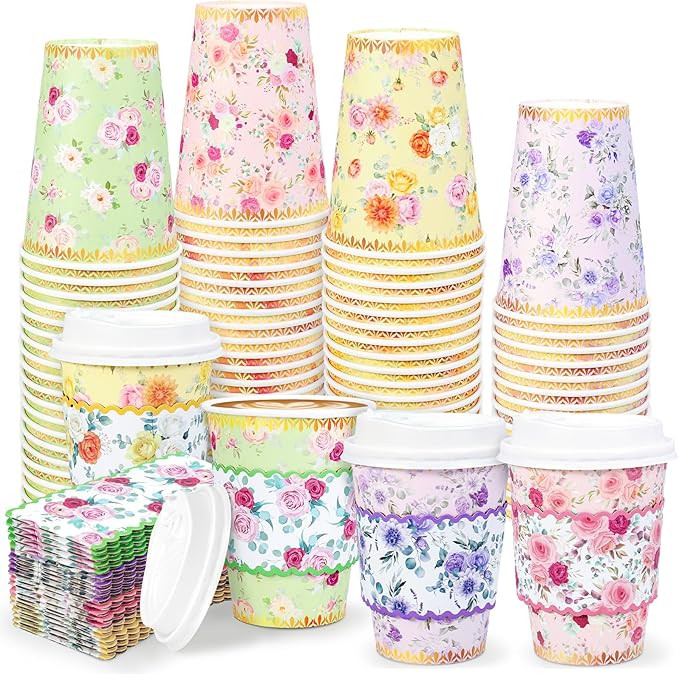 AnyDesign 60Pcs 12Oz Floral Paper Coffee Cups with Lids and Sleeves Colorful Spring Flower Dispos... | Amazon (US)