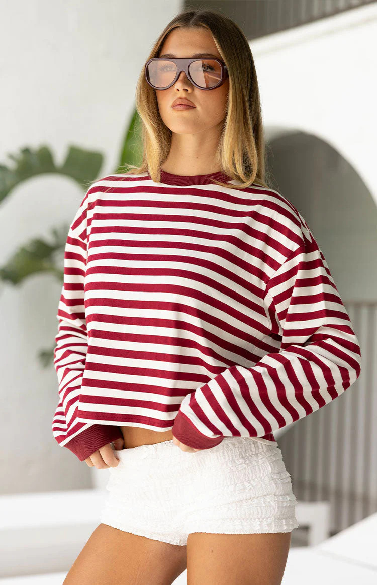 So Breezy Burgundy Stripe Long Sleeve Top | Beginning Boutique (US)