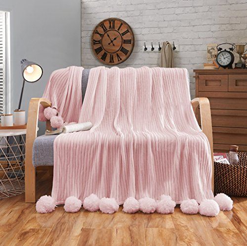 LIFEREVO 100% Cotton Hypoallergenic Striped Cable Knitted Throw Blanket Pompoms Fringe Solid - PINK  | Amazon (US)