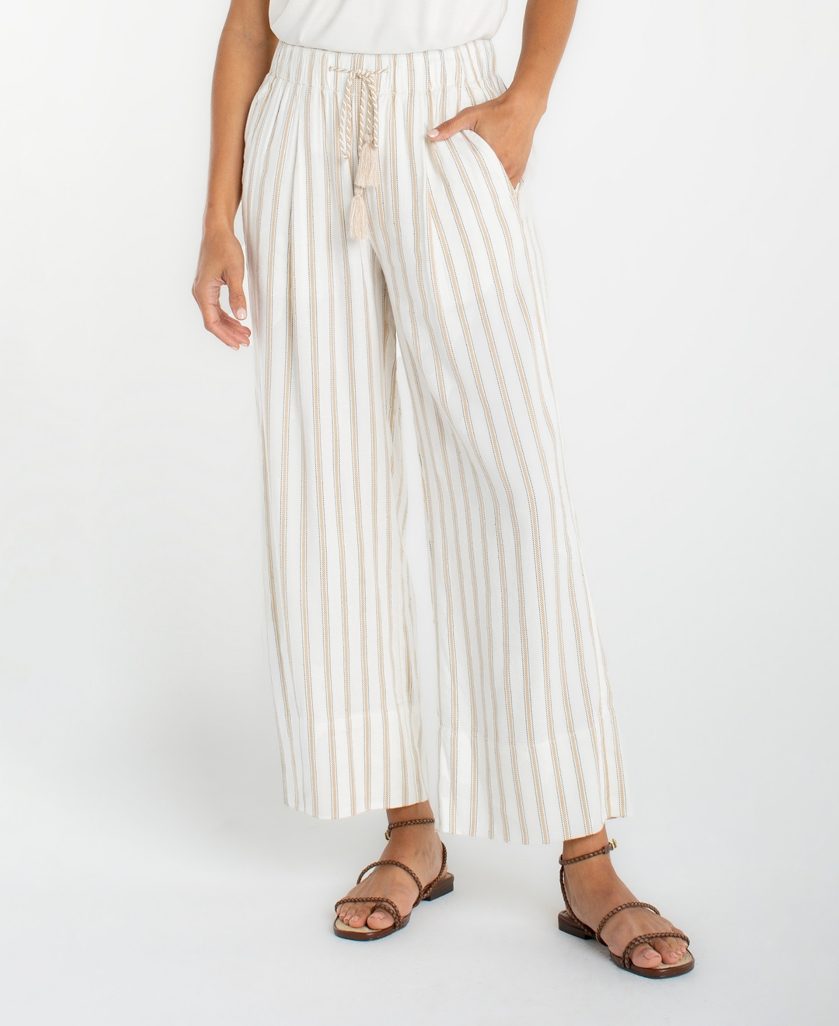 Liverpool Los Angeles Pull-On Wide-Leg Cropped Pants - Cream/tan Regency Stripe | Macy's