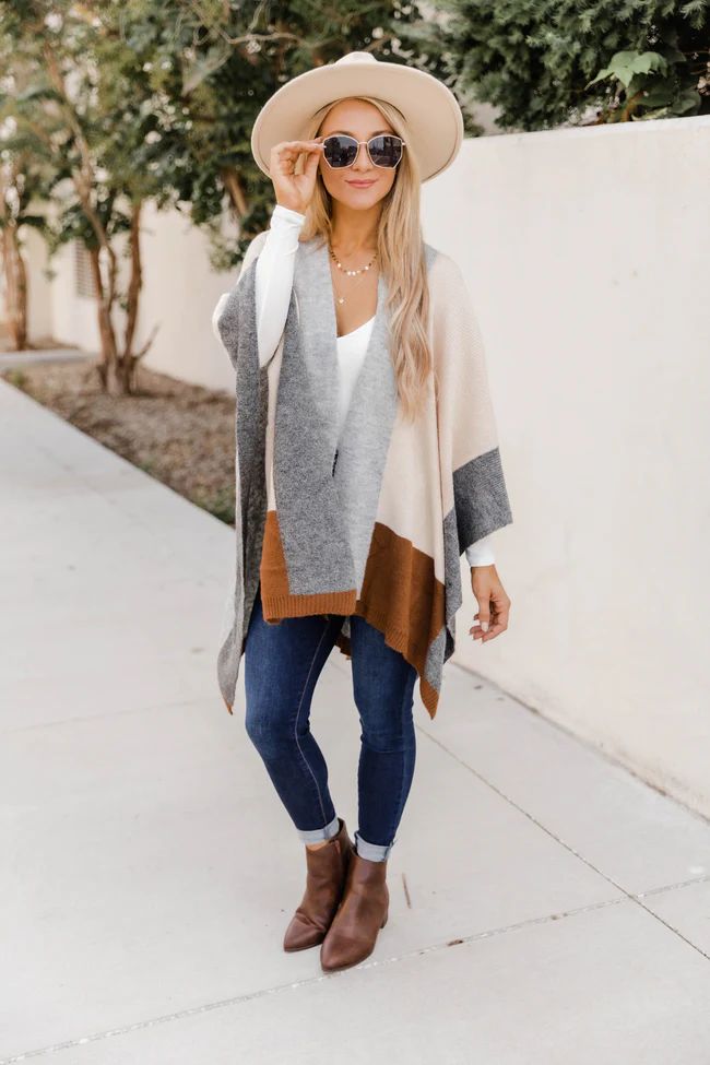 Borrow Your Time Colorblock Grey Poncho | The Pink Lily Boutique