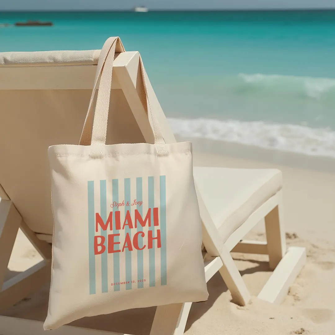 Custom Coastal Striped Tote Bag: Miami Beach Wedding Favor | Etsy (US)
