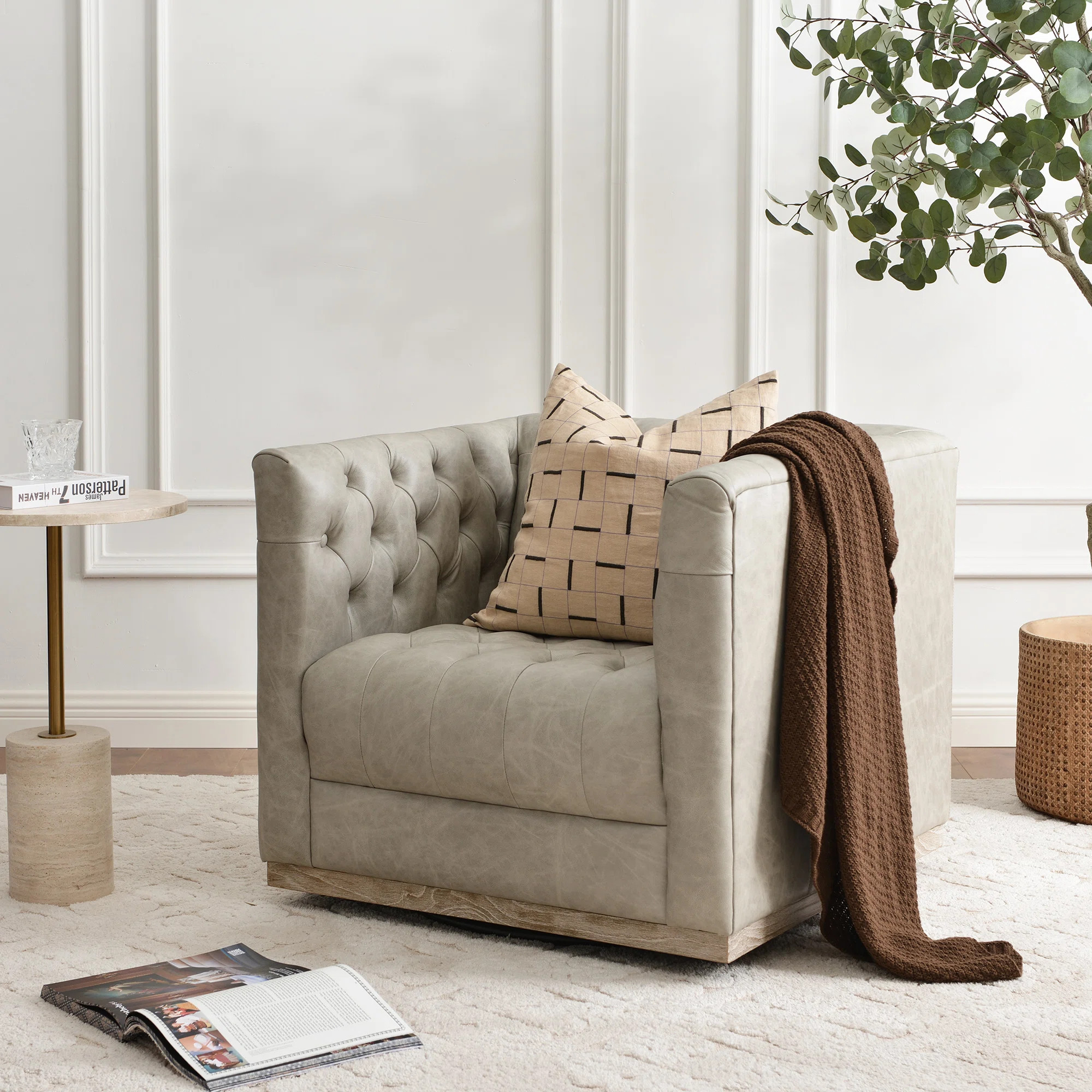 100% Genuine Leather Square Swivel Barrel Chair With Solid Wood Frame | Wayfair North America