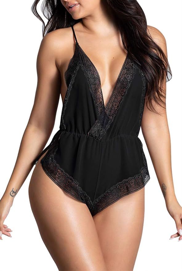 Sexy Lingerie for Women Teddy Lace Bodysuit Deep V-Neck Halter Sleepwear Sheer Mesh One Piece Bab... | Amazon (US)