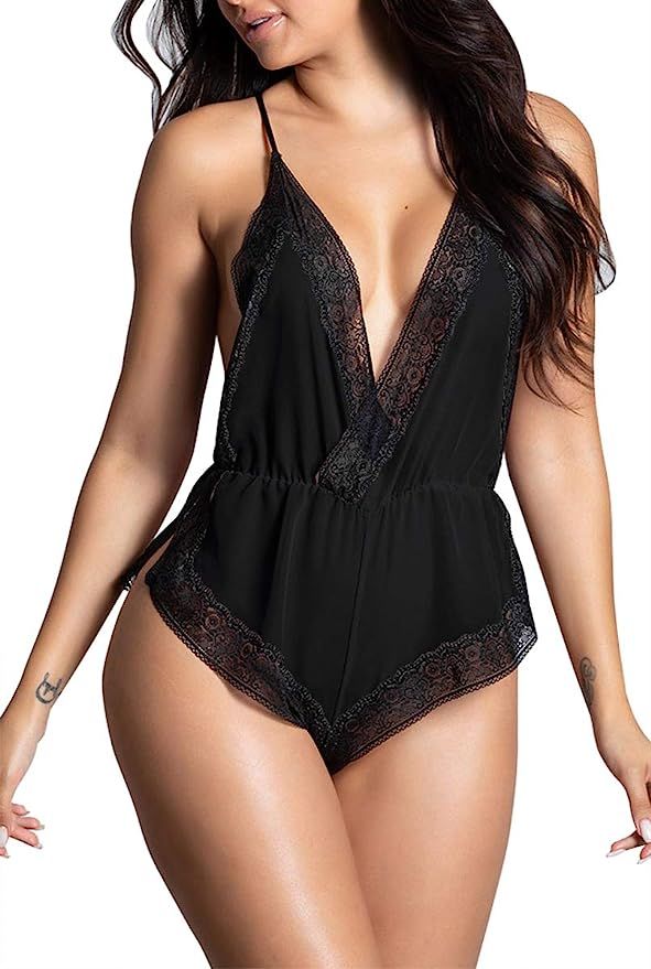 Sexy Lingerie for Women Teddy Lace Bodysuit Deep V-Neck Halter Sleepwear Sheer Mesh One Piece Bab... | Amazon (US)
